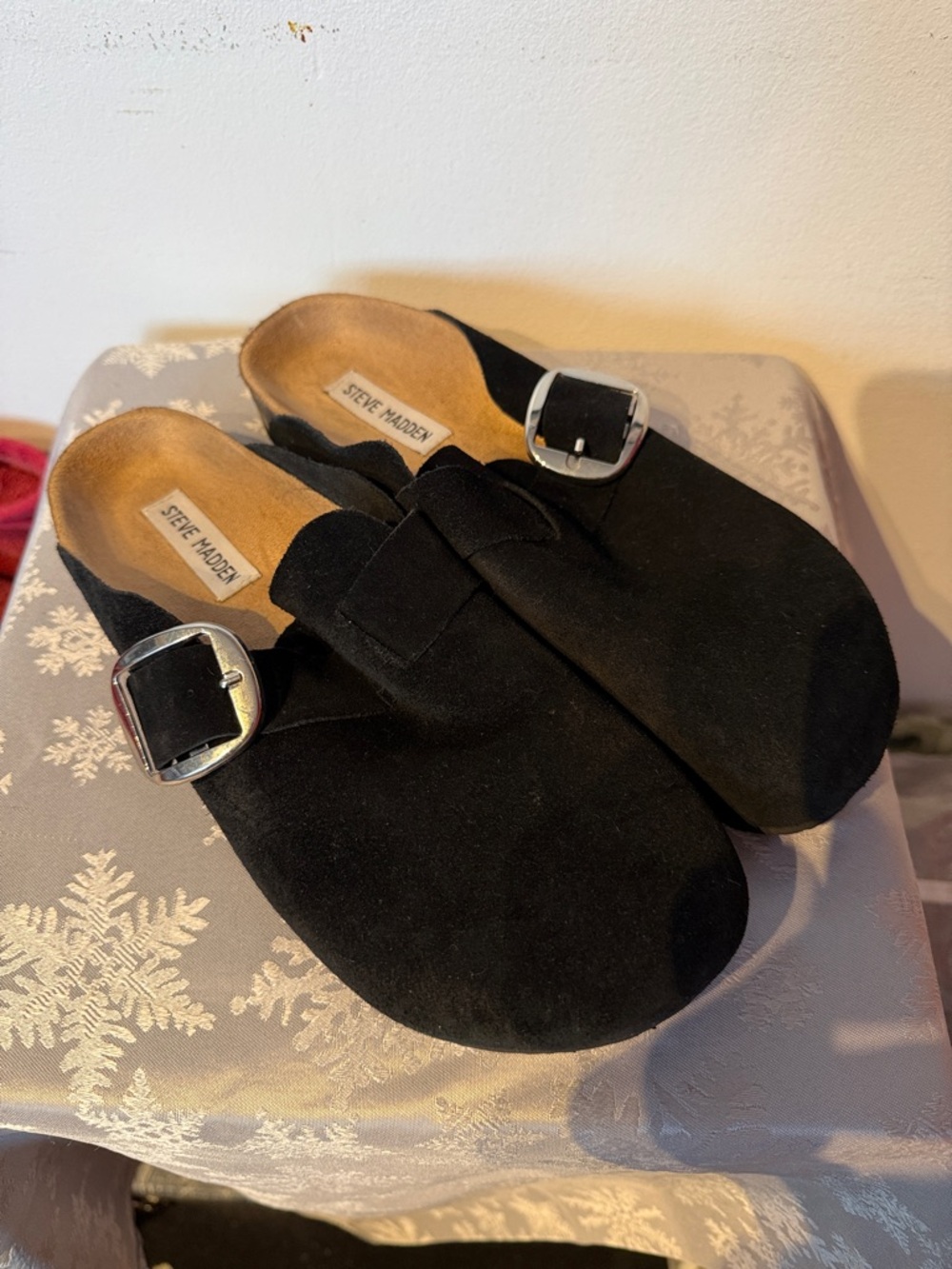 Steve Madden Black Suede Slip-On Mules with Silver Buckle